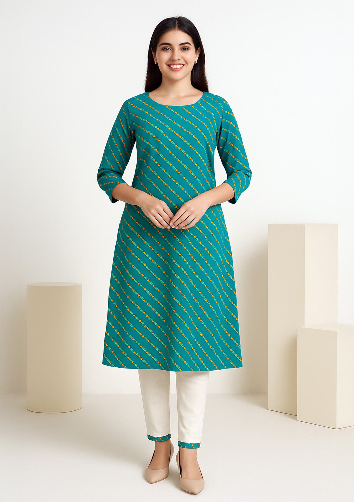 Teal Blue Printed Cotton Kurti with Vibrant Geometric Stripes