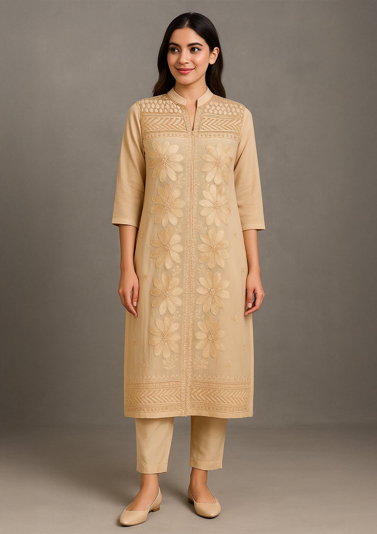Beige Silk Kurti with Golden Floral Embroidery and Sequin Detailing