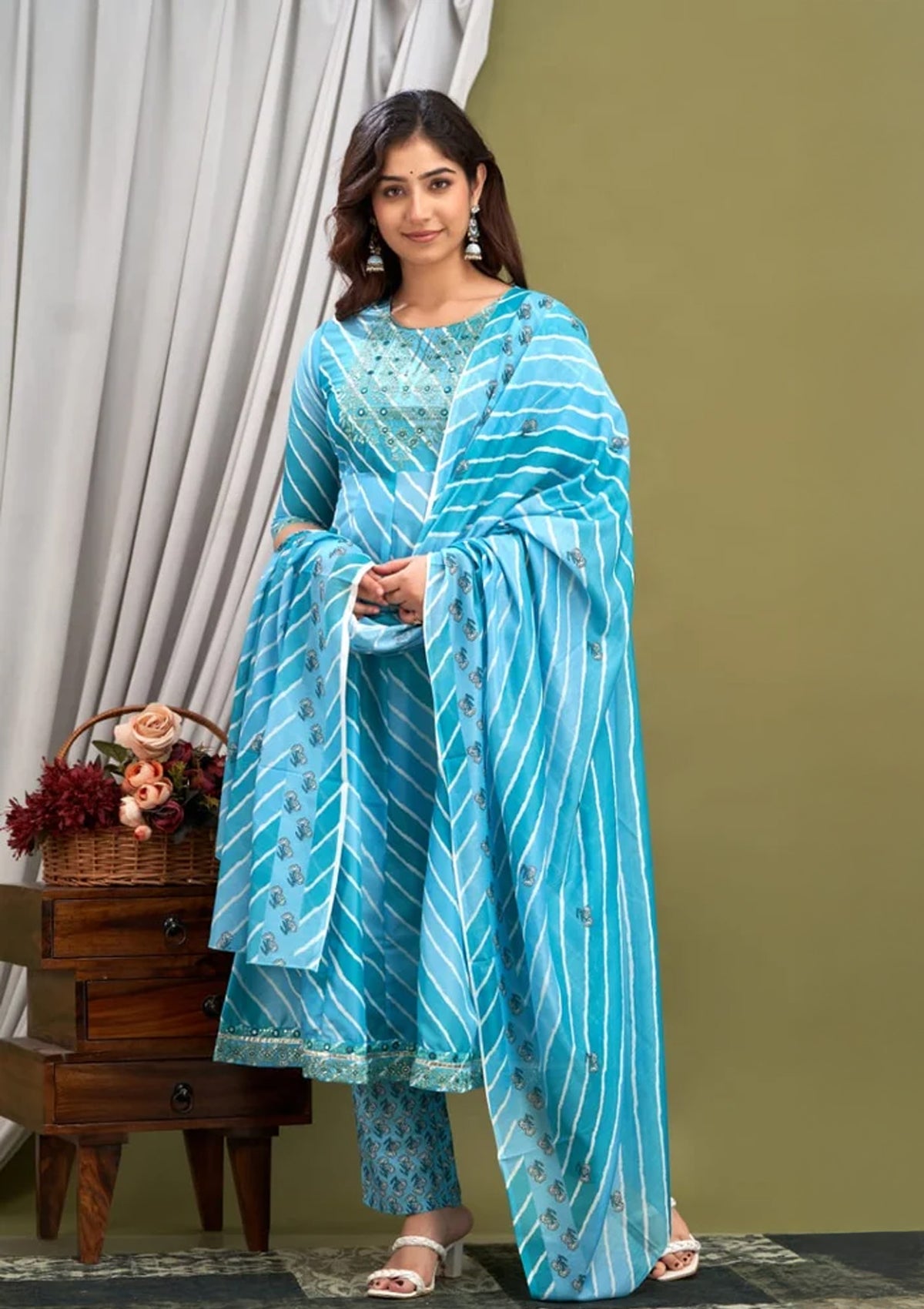 Blue Striped Masleen Fabric Stitched Suit Set for Women