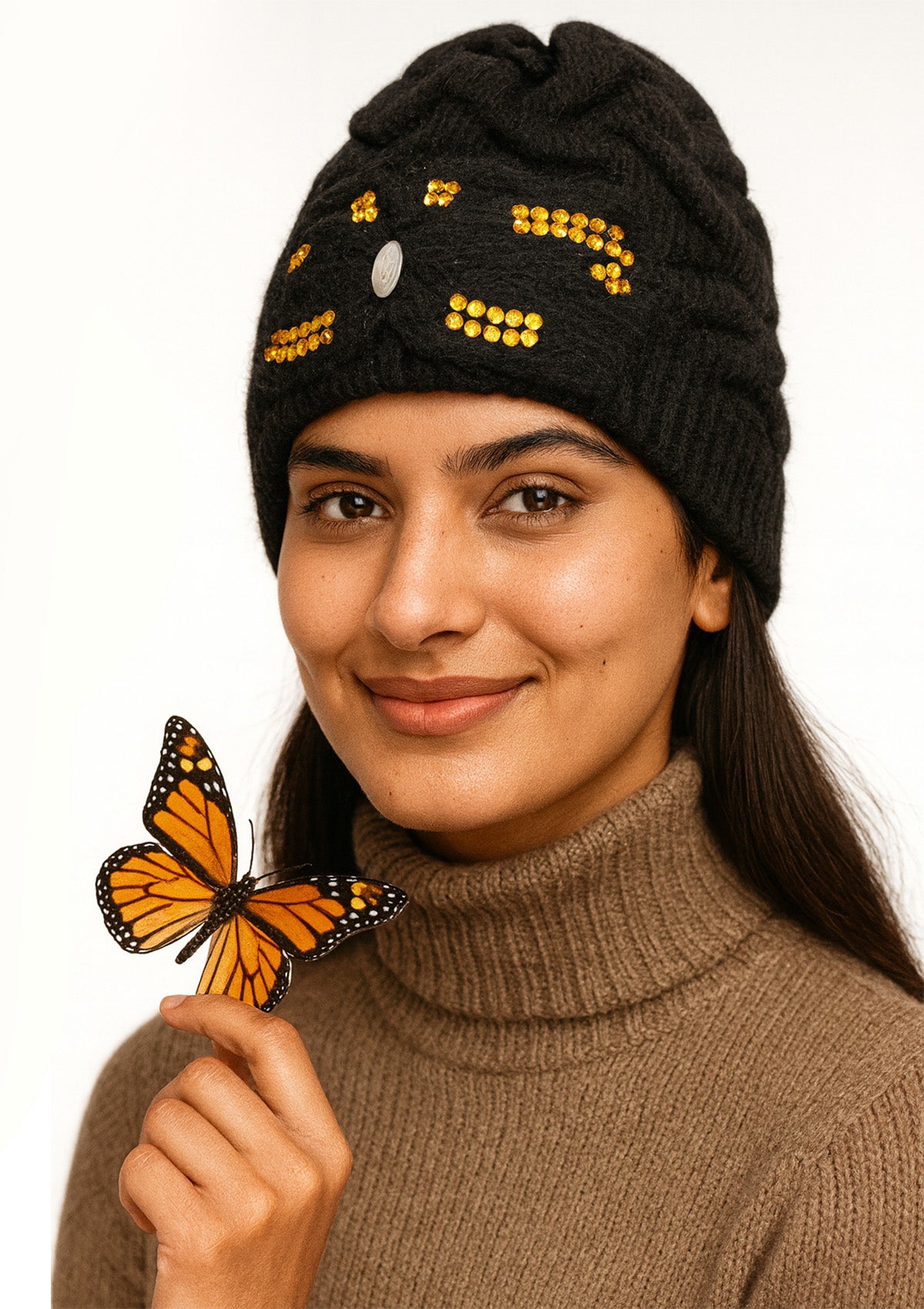 Black Woolen Winter Cap – Stylish Warm Beanie with Yellow Stud Details