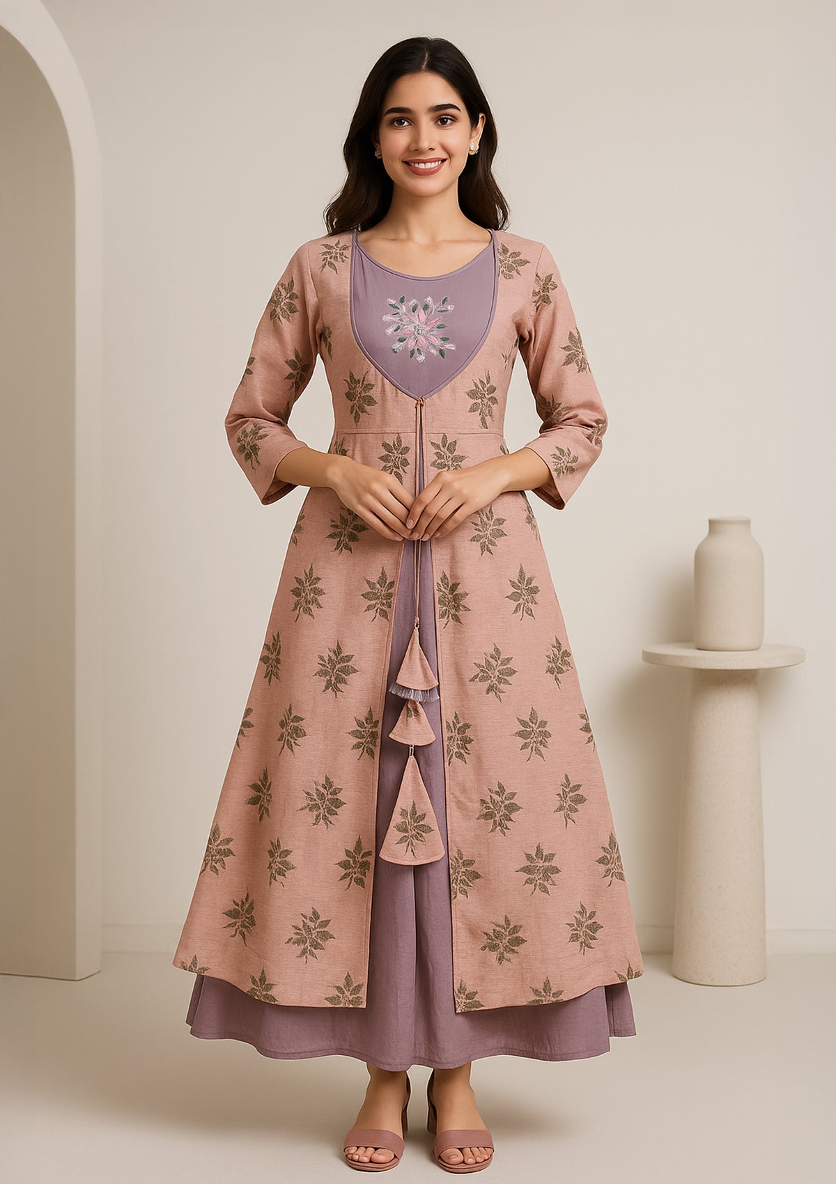 Peach & Lavender Dual Layer Chanderi Silk Gown with Embroidery