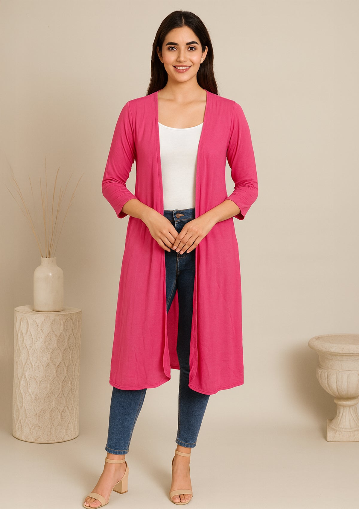 ClothingSutra Longline Pink Shrug for Women – Lightweight Open Front Shrug Pink