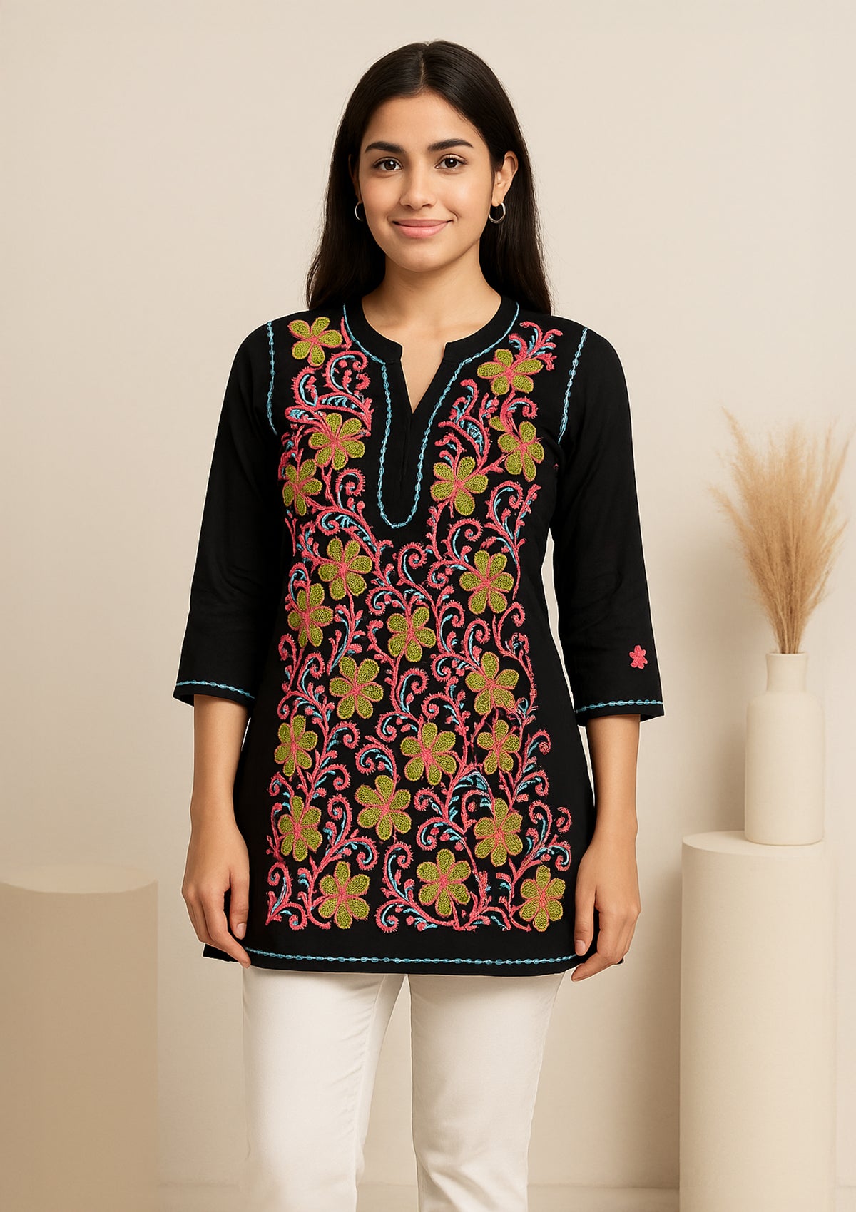 Black Multicolor Floral Embroidered Georgette Kurta – Short & Stylish