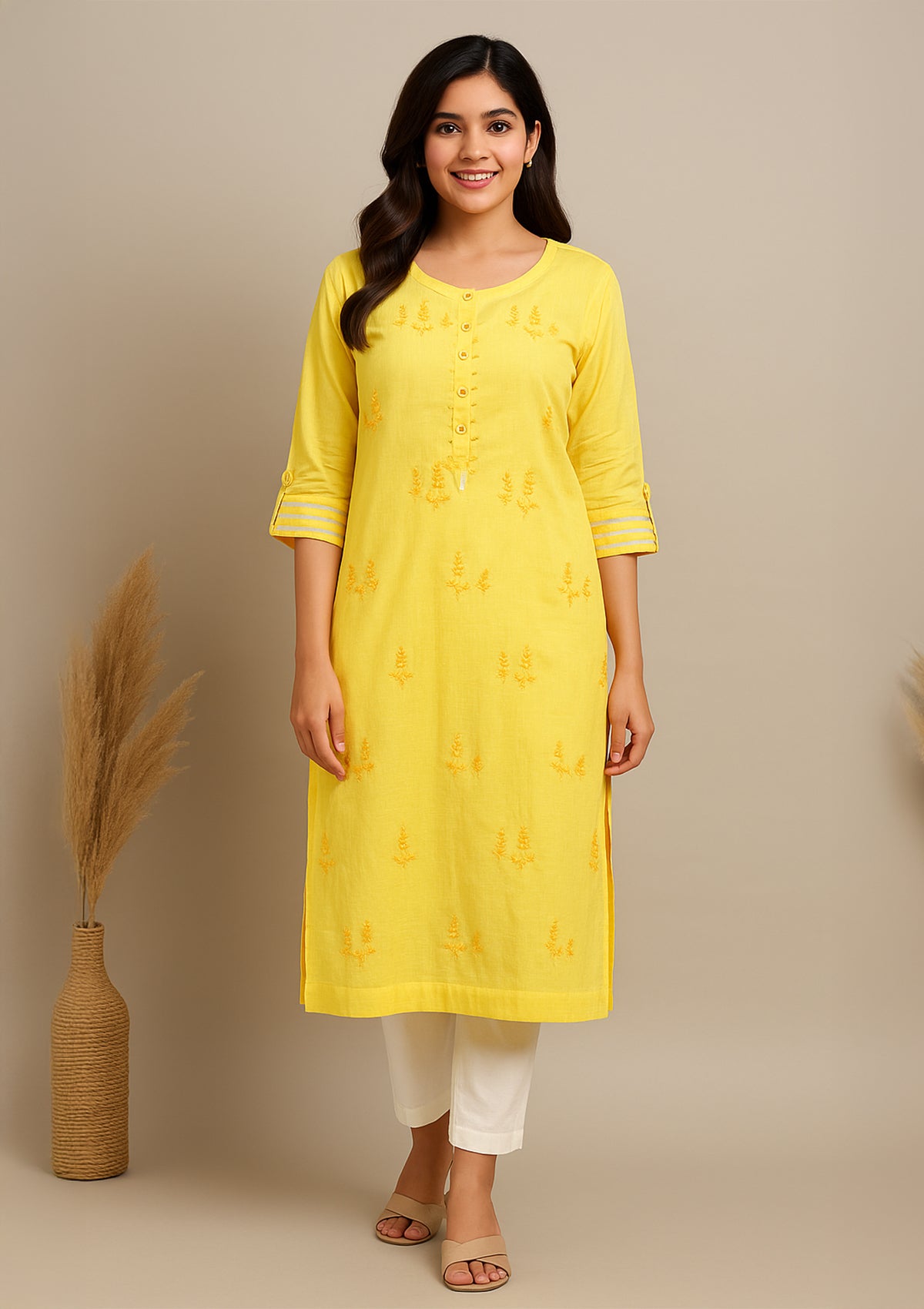 Yellow Cotton Kurti with Subtle Embroidery and Silver Sparkle