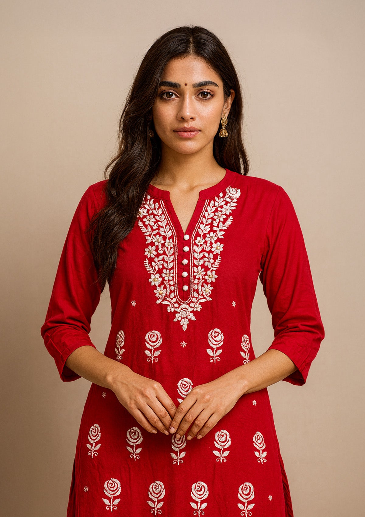 Chikankari Embroidered Women’s Kurti – Red (Rayon)
