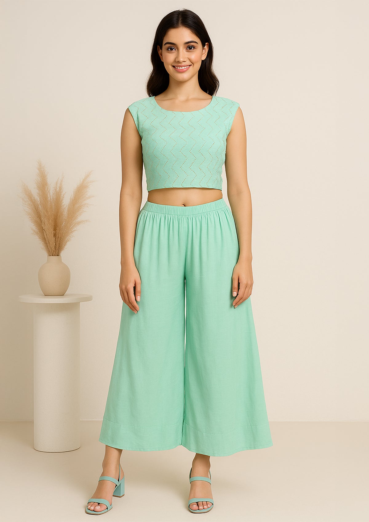 Mint Green Georgette Palazzo Set with Embroidered Shrug