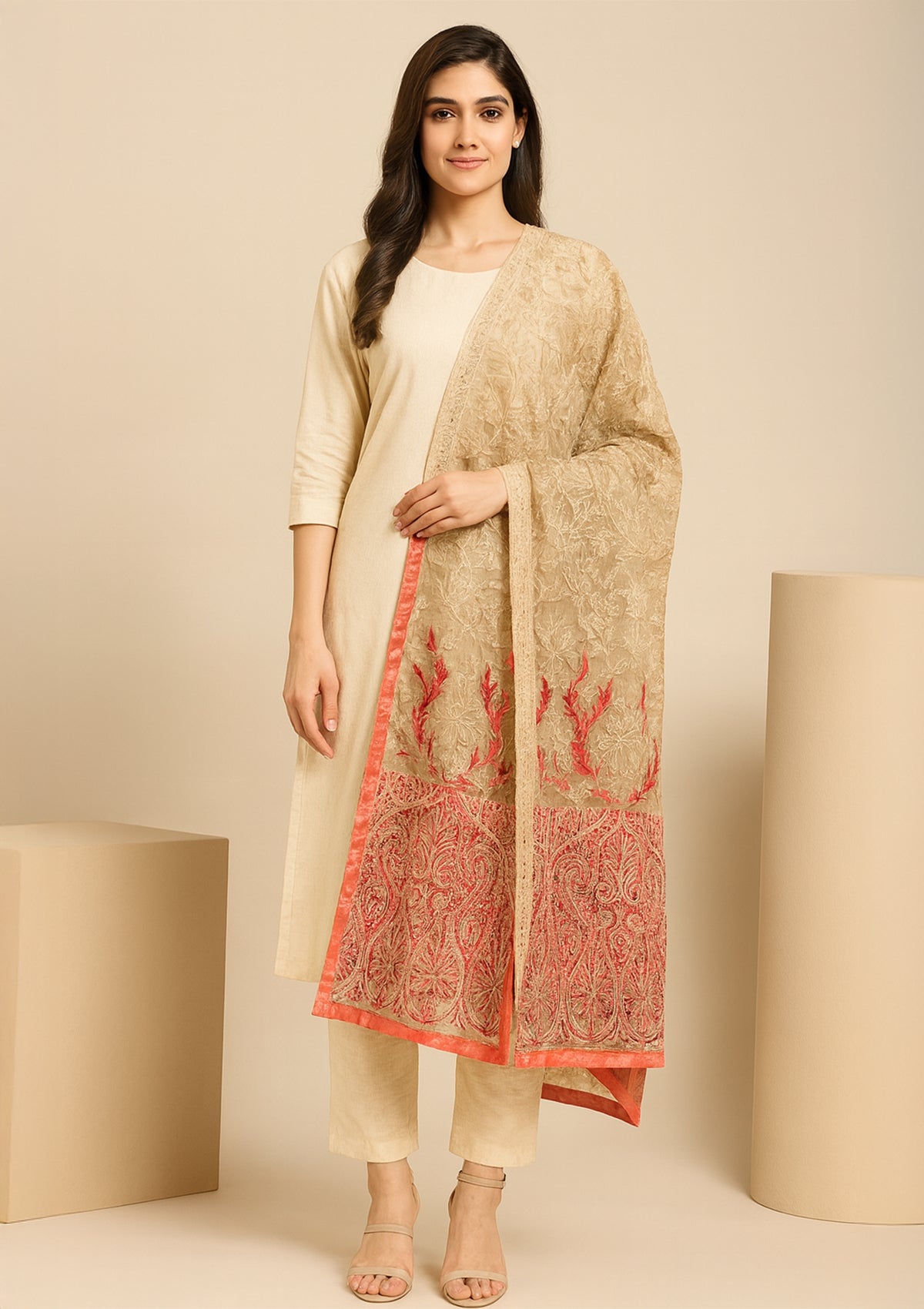 Beige Net Dupatta with Red Heavy Embroidery and Contrast Border