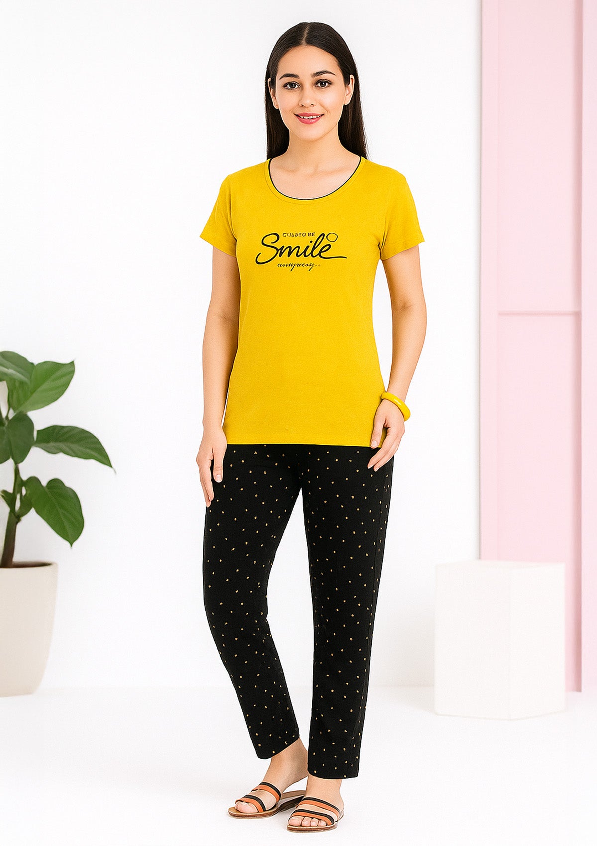 Mustard Graphic Tee and Black Polka Pyjama Nightwear Set