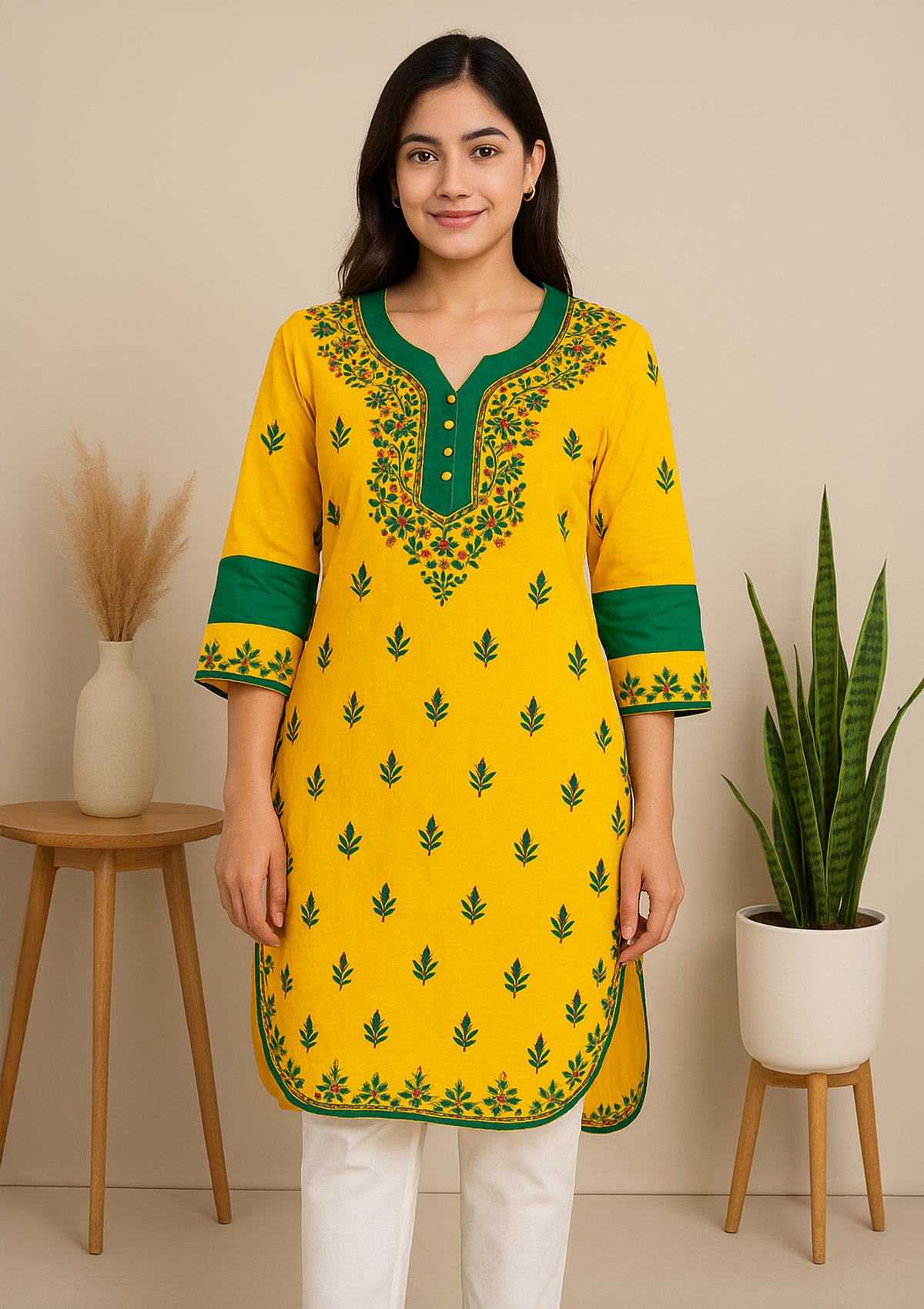 Bright Yellow Cotton Embroidered Short Kurta – Floral Motifs
