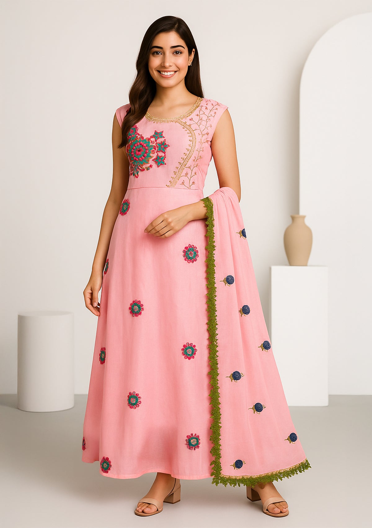 Chanderi Pink Dual Layered Gown with Embroidery & Dupatta