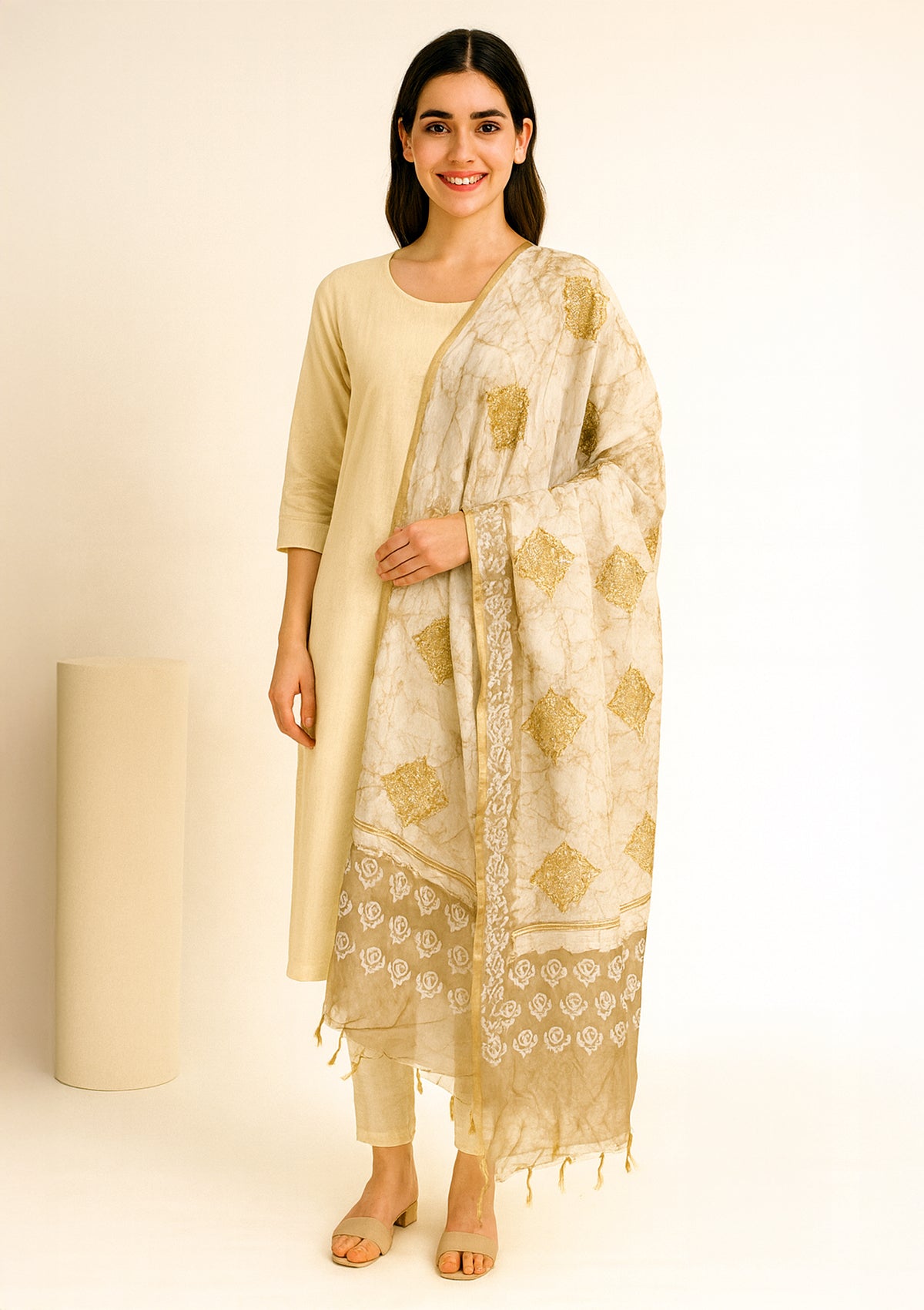 Beige Silk Dupatta with Golden Embroidery and Floral Border