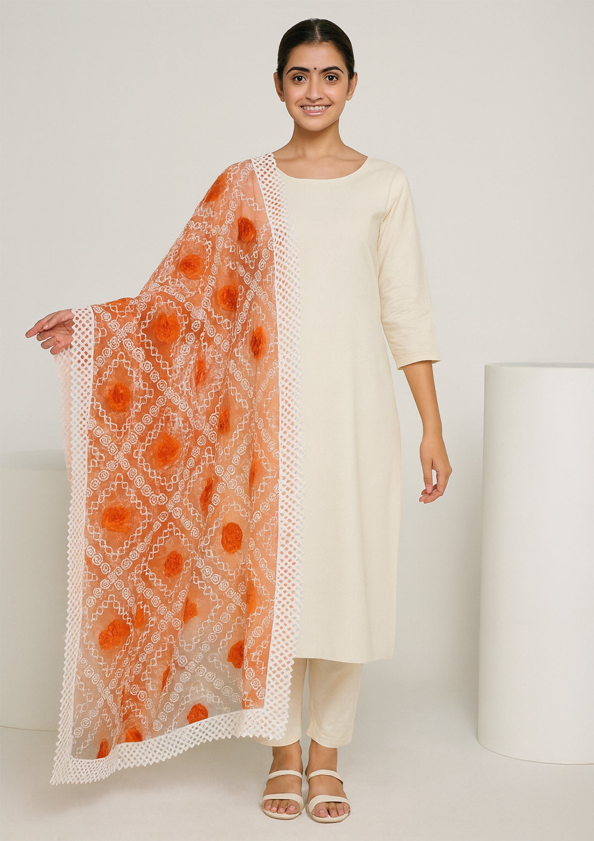 White Net Dupatta with Orange 3D Floral Embroidery and Lace Border