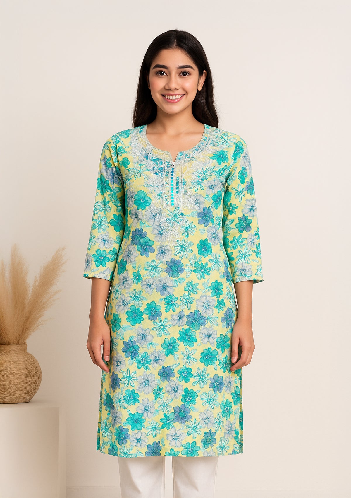 Floral Printed Women’s Long Kurta with Embroidery – Blue-Green on Yellow