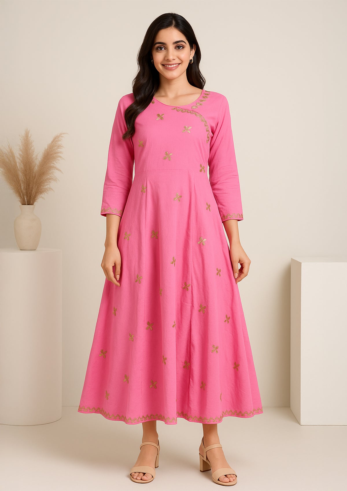Pink Rayon Embroidered Gown – Elegant Festive Wear