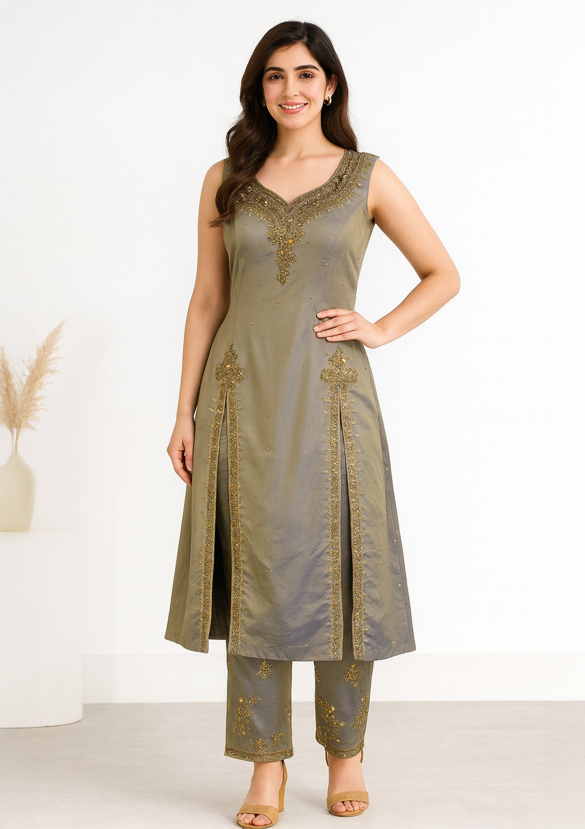 Elegant Grey Taffeta Silk Suit with Golden Embroidery & Matching Pants