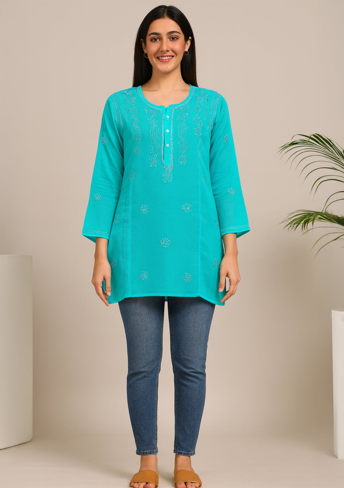 Aqua Blue Net Embroidered Kurti – Sequin Work
