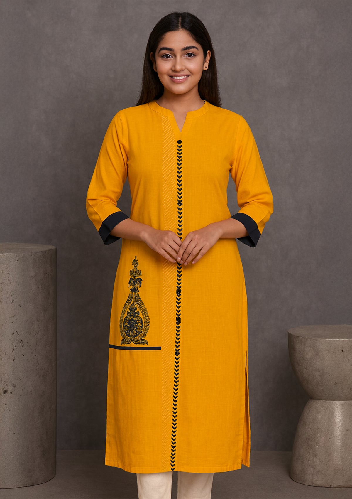 Mustard Yellow Cotton Kurti with Printed & Minimal Embroidery