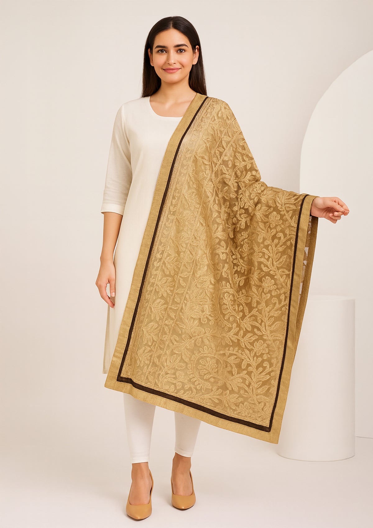 Golden Embroidered Net Dupatta with Contrast Border