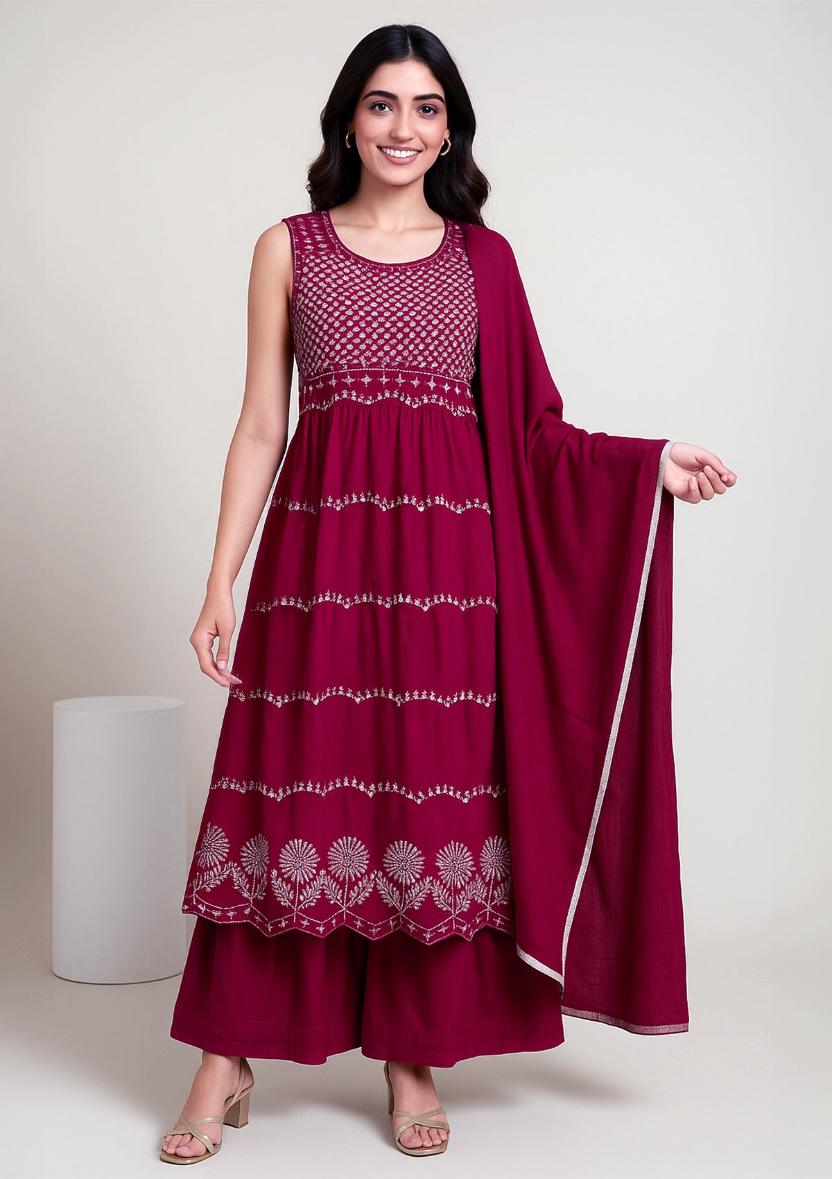 Georgette Naira Cut Wine Sharara Suit with Dupatta – Embroidered Partywear