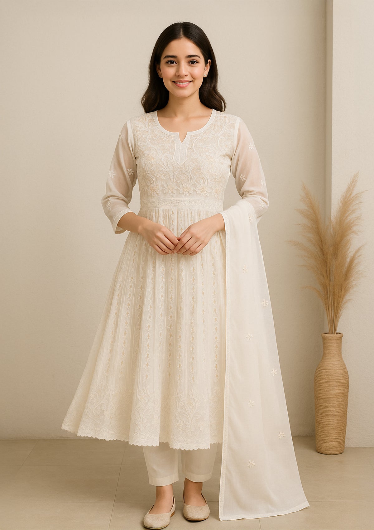 White Georgette Anarkali Kurti with Dupatta –  Gota Patti Embroidery