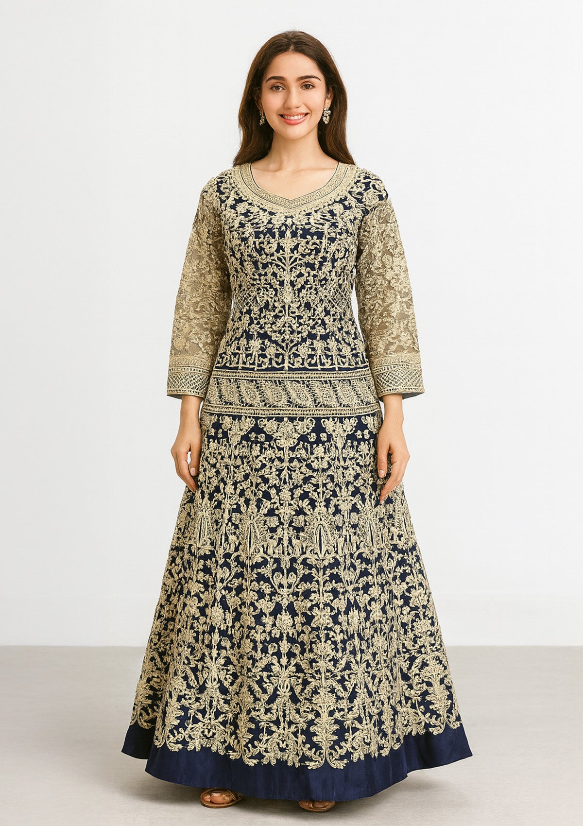 Heavy Net Navy Blue & Golden Embroidered Gown – Designer Dress