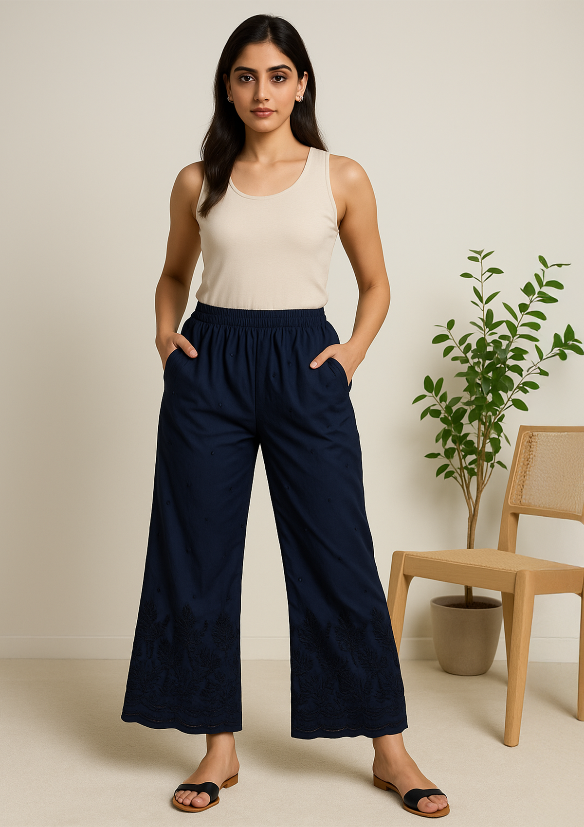 Women’s Navy Blue Rayon Palazzo – Chikankari Embroidery Ethnic Pant