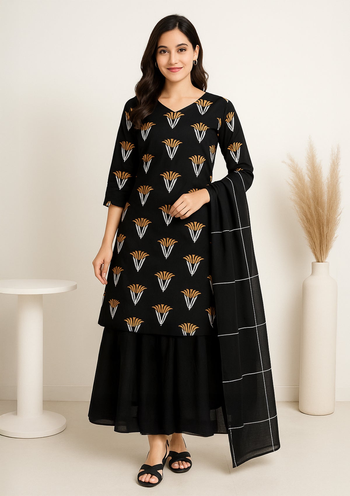 Black Cotton Kurti with Skirt & Dupatta Set - Printed Ethnic Wear