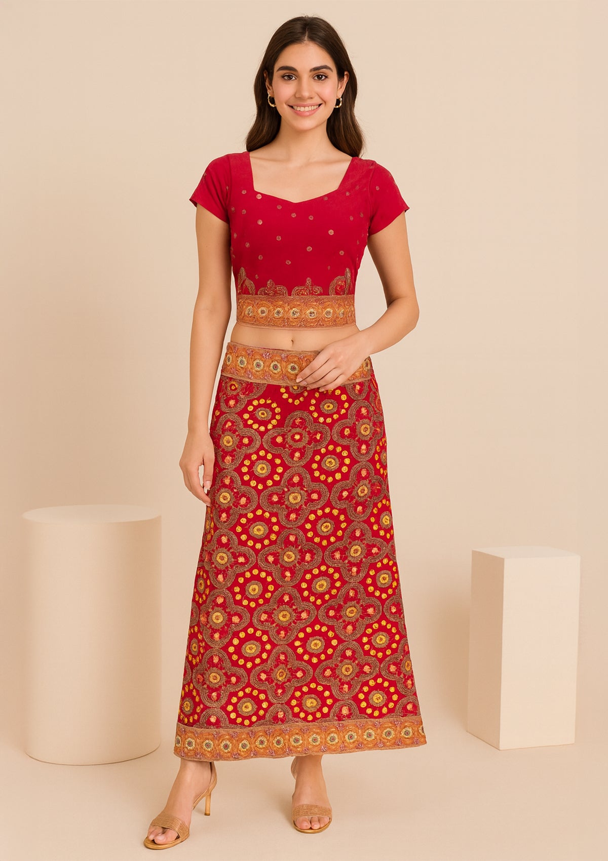 Red Silk Lehenga Choli with Traditional Embroidery & Mirror Work