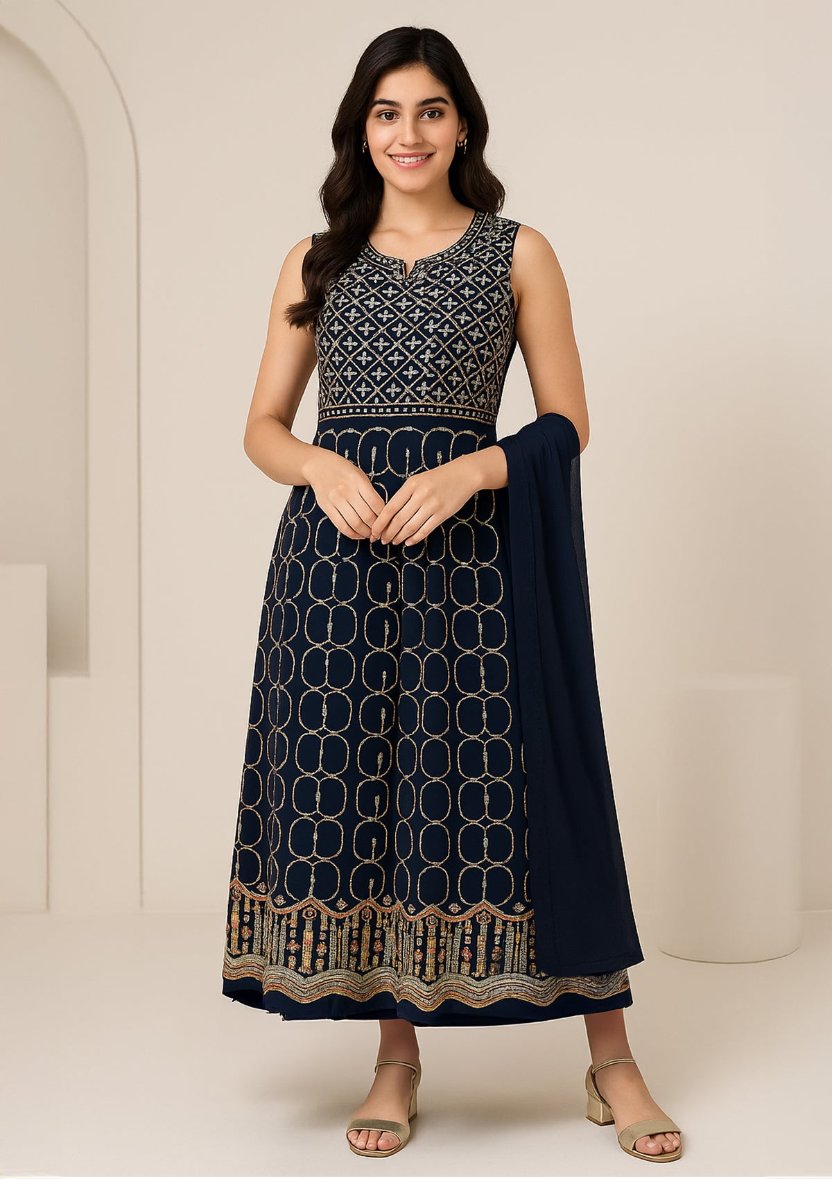Navy Blue Georgette Naira Cut Long Suit Set with Dupatta