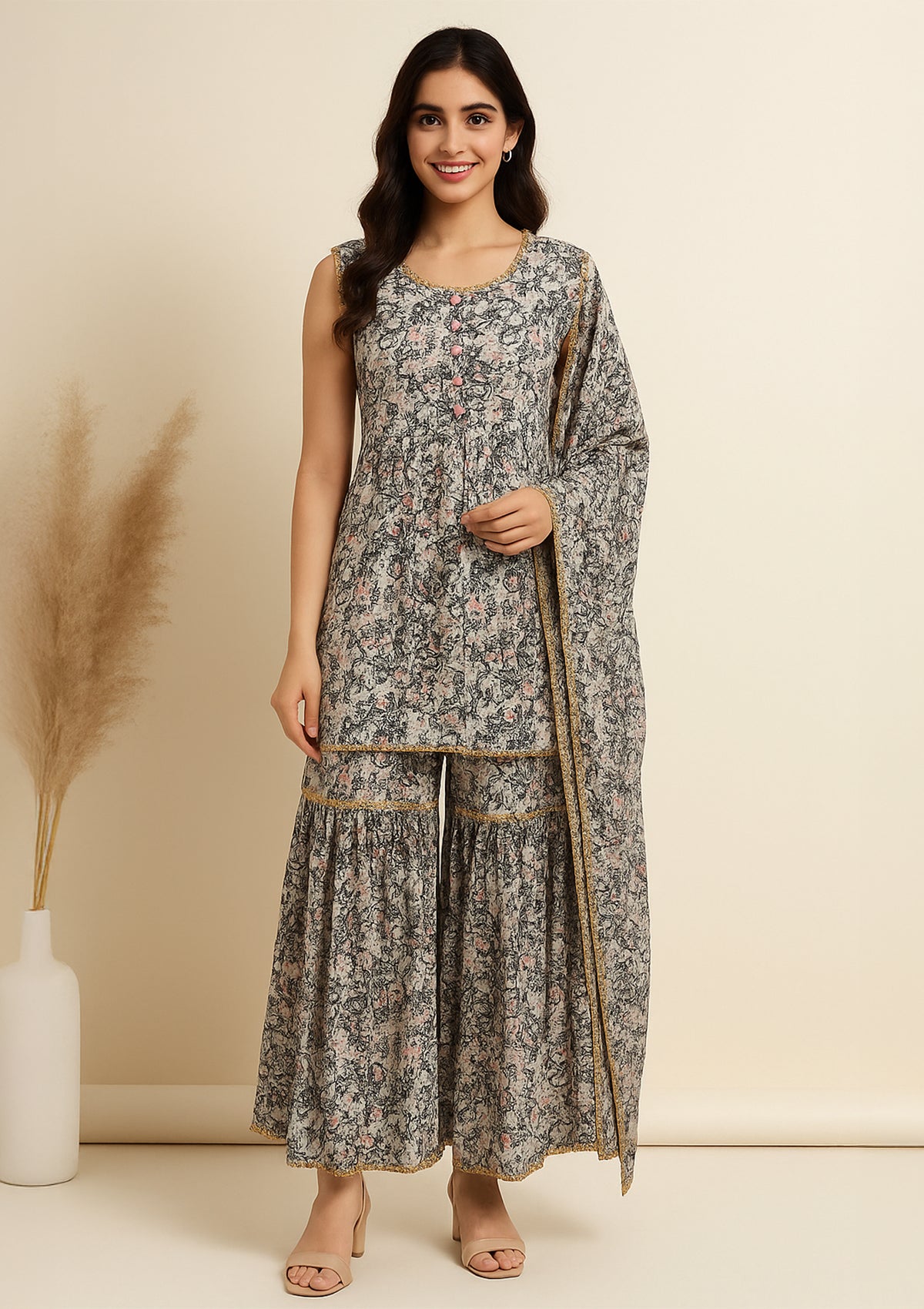 Stitched Silk Kurti Set with Mirror Work and Gold Lace Border
