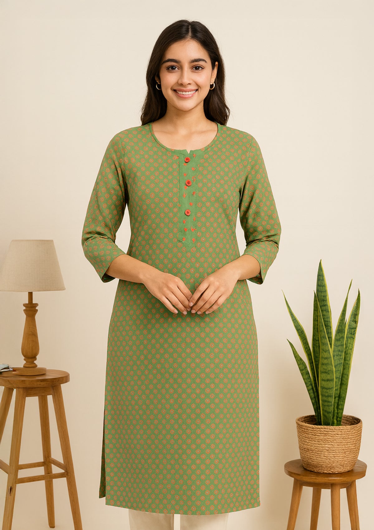 Green Printed Cotton Kurti with Button Detailing – Everyday Comfort