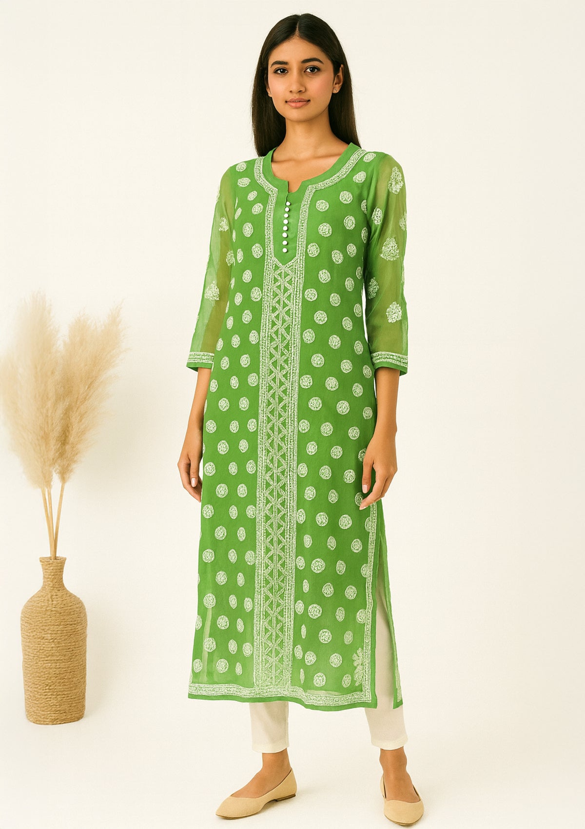 ClothingSutra Green Georgette Kurti with White Chikankari Embroidery 44