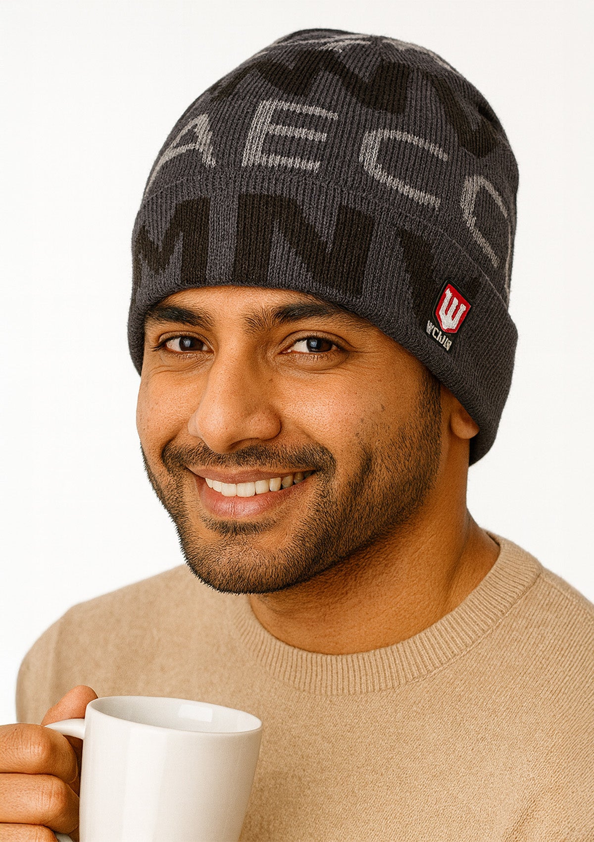 Unisex Dark Grey Woolen Winter Cap – Graphic Letter Pattern Soft Knit
