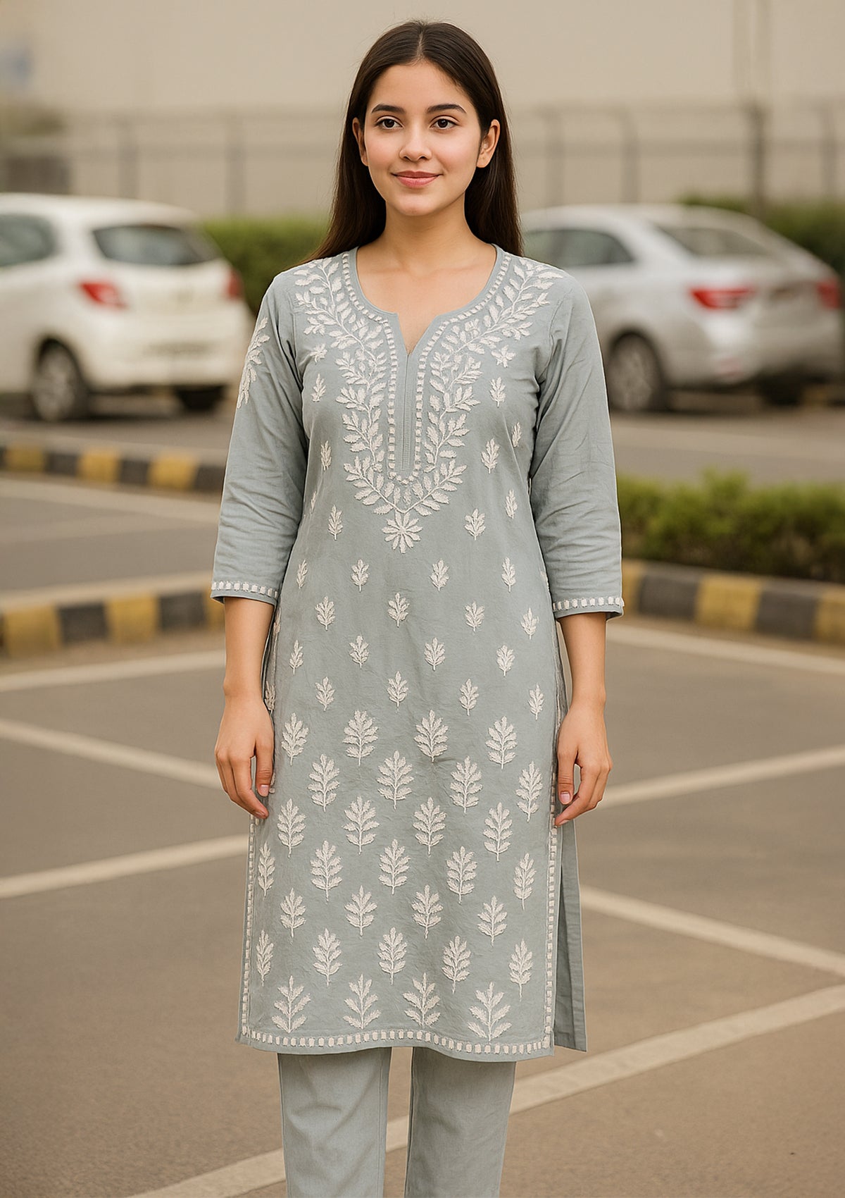 Chikankari Solid Women’s Long Kurta – Grey
