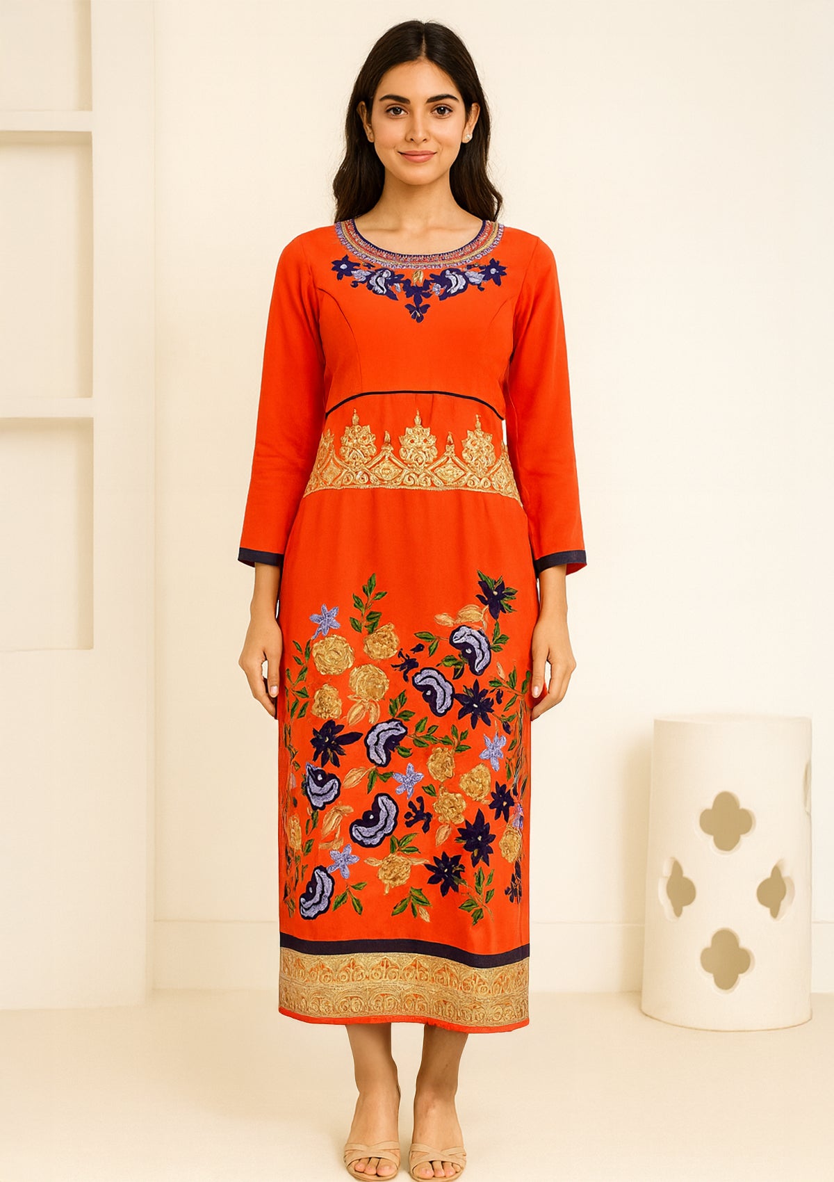 Orange Georgette Embroidered Long Kurti with Golden & Blue Detailing