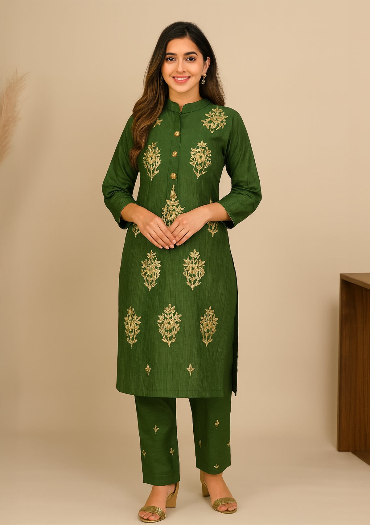 Elegant Green Chanderi Embroidered Kurta Set with Pant