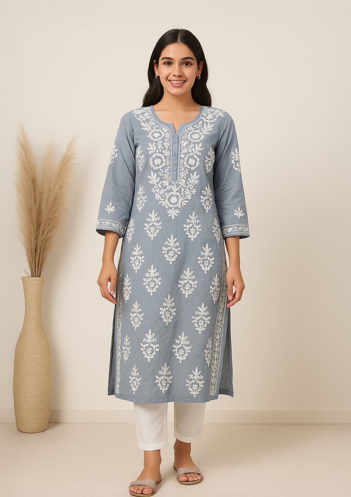 Chikankari Embroidered Women’s Kurta – Grey (Modal)