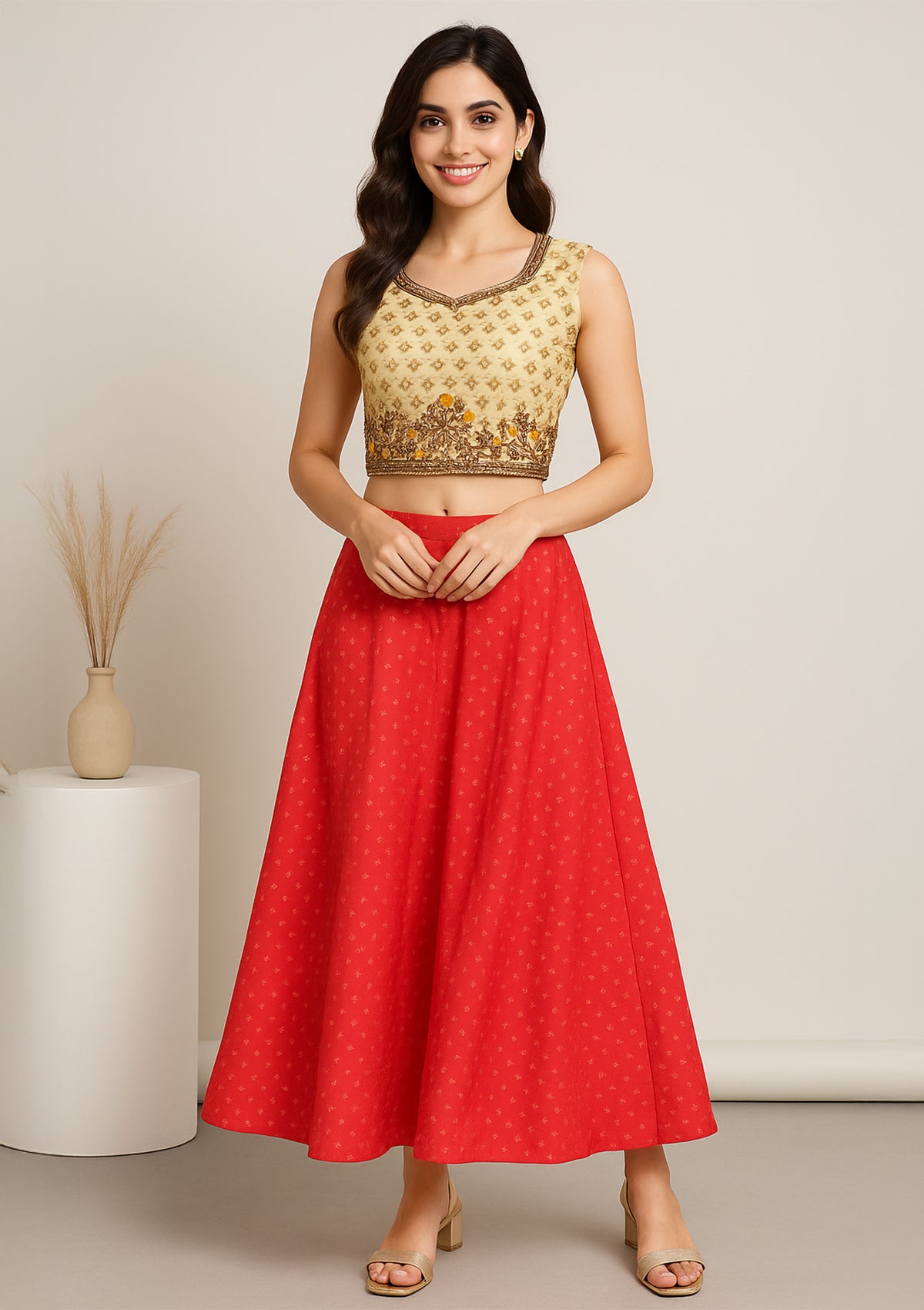 Elegant Tafta Silk Crop Top and Red Skirt Set for Festive & Wedding Wear