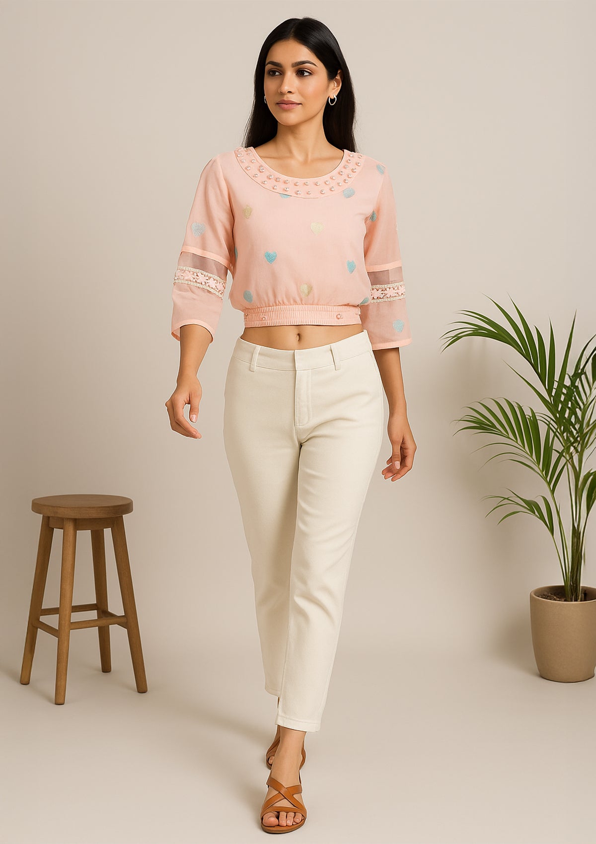 Women’s Peach Georgette Pearl Work Short Top – Heart Embroidery