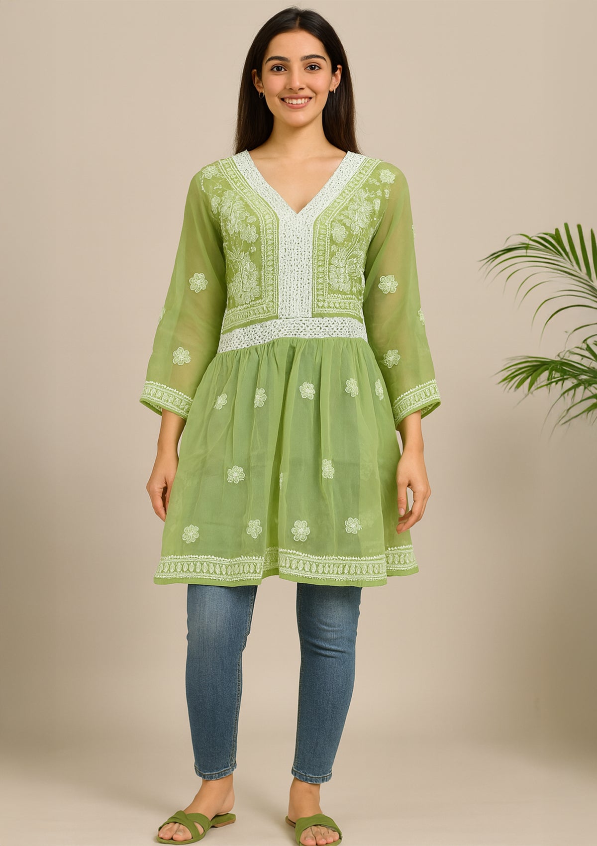 ClothingSutra Pastel Green Net Embroidered Frock-Style Kurti – Short Length 42