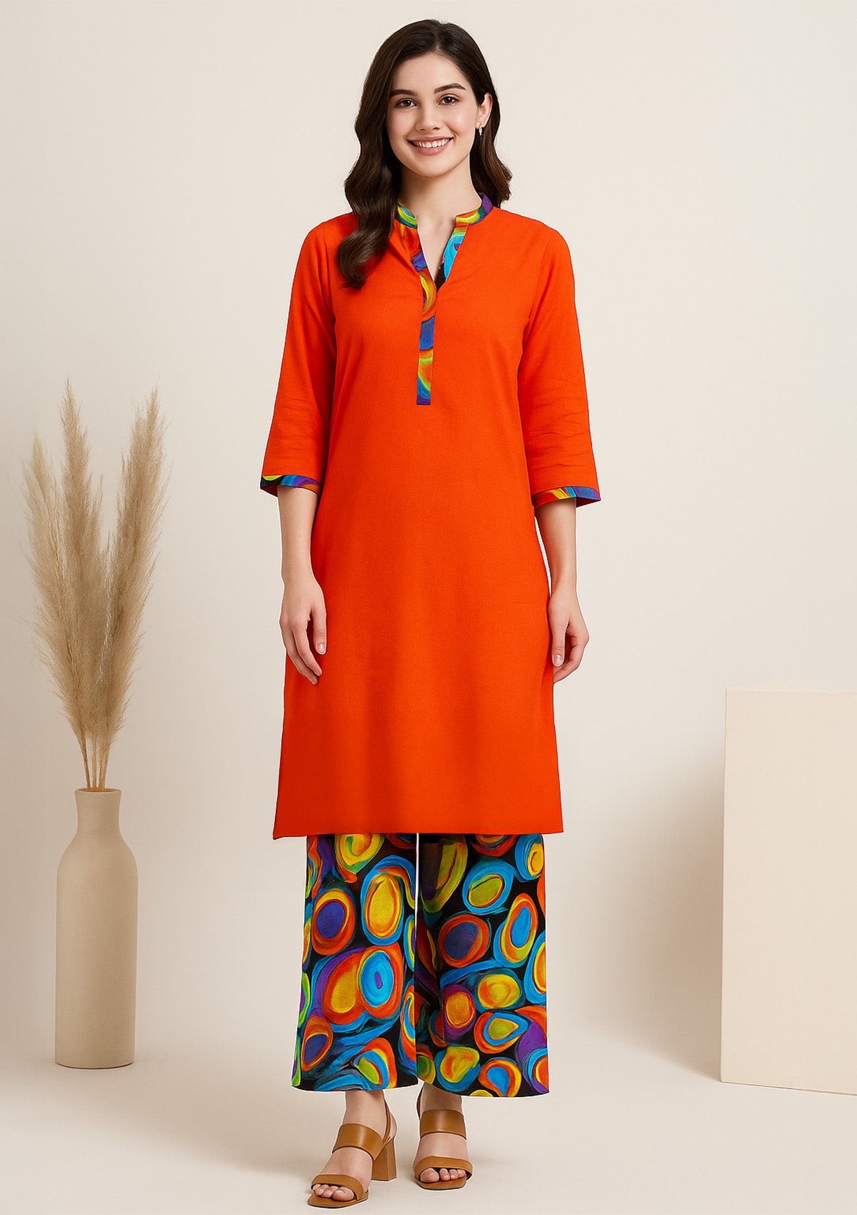 Vibrant Orange Cotton Kurti with Multicolor Abstract Print Palazzo
