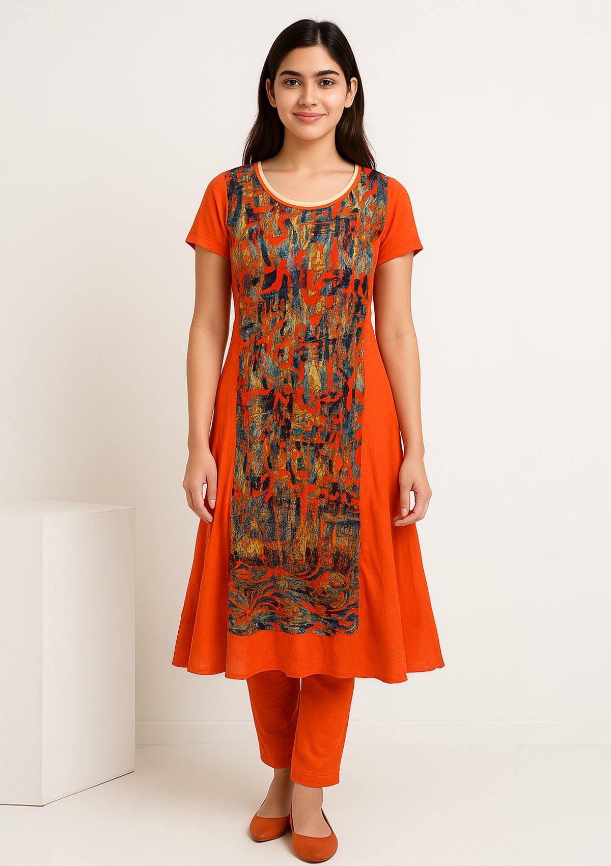 Orange Designer Layered Rayon Kurti - Abstract Multicolor