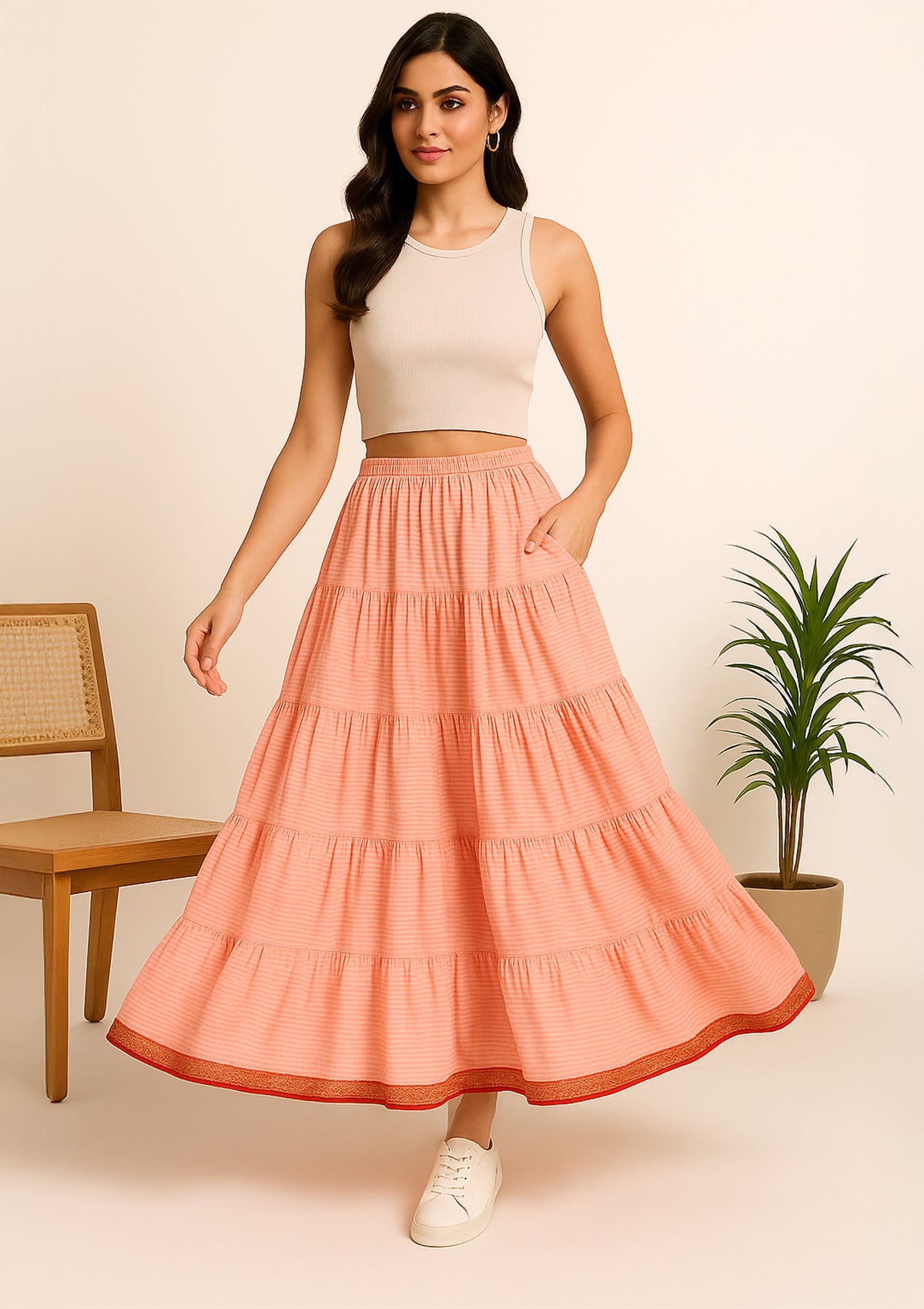 Women’s Peach Stripe Cotton Long Skirt – Tiered Maxi Skirt