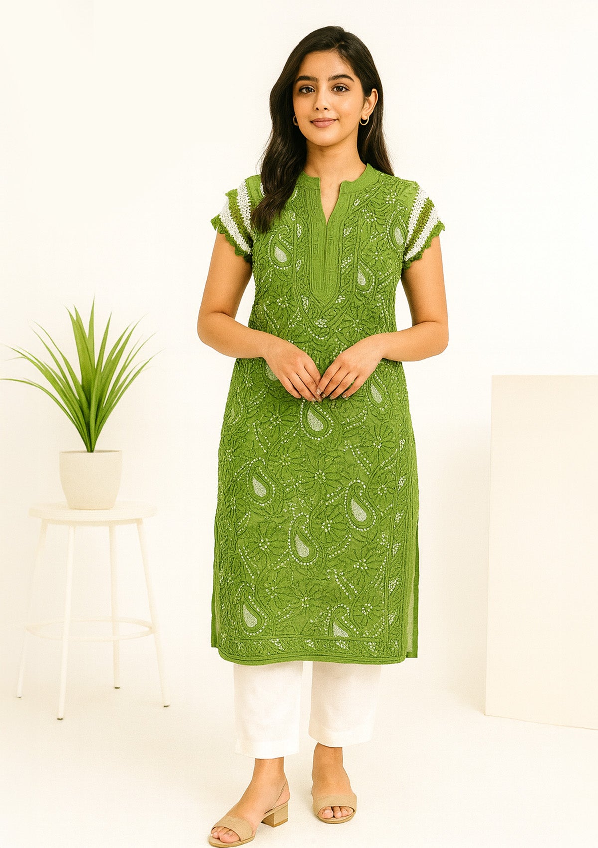 Cotton Kurti – Olive Green Paisley Embroidery & Crosia Work Sleeves