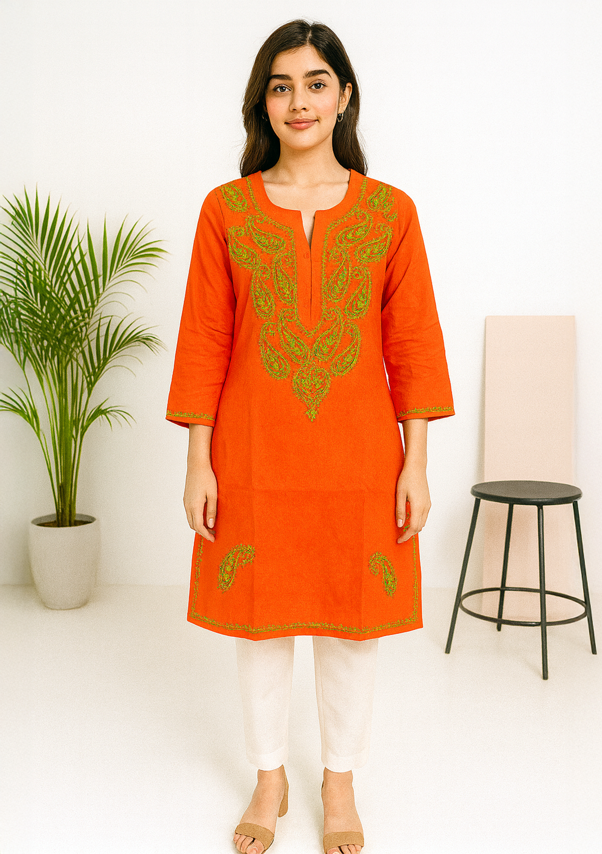 Women Cotton Kurti – Orange with Green Paisley Embroidery