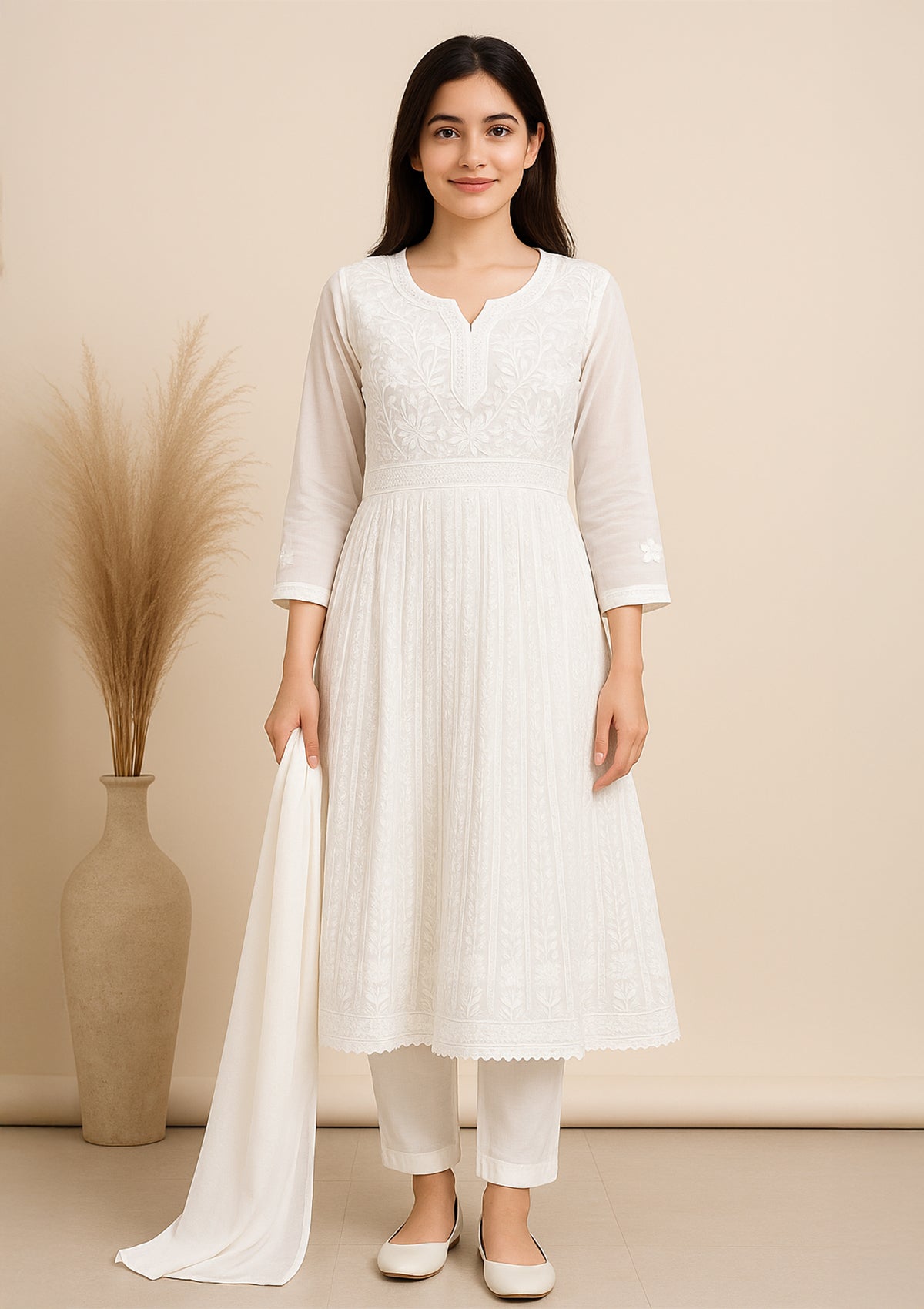 White Georgette Embroidered Kurti with Dupatta