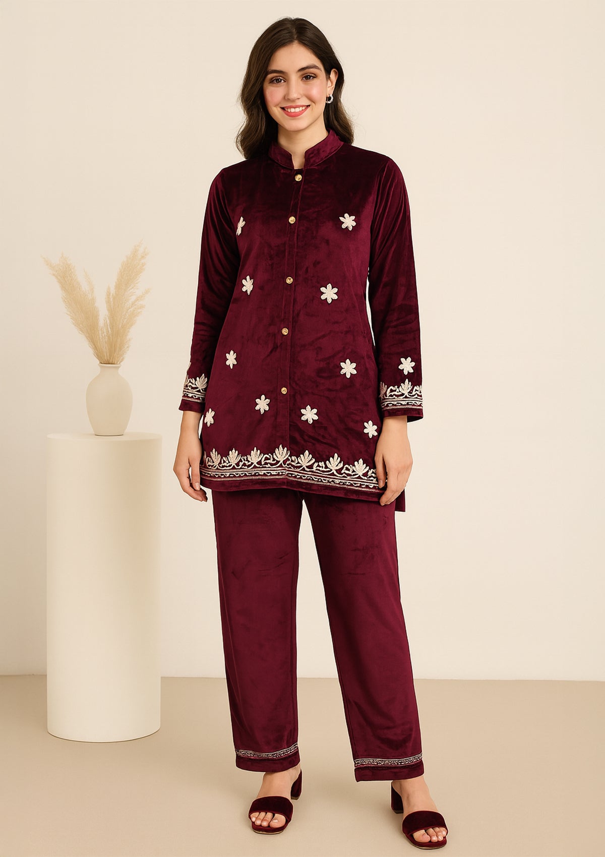 Luxury Maroon Velvet Coord Set with Elegant Floral Embroidery