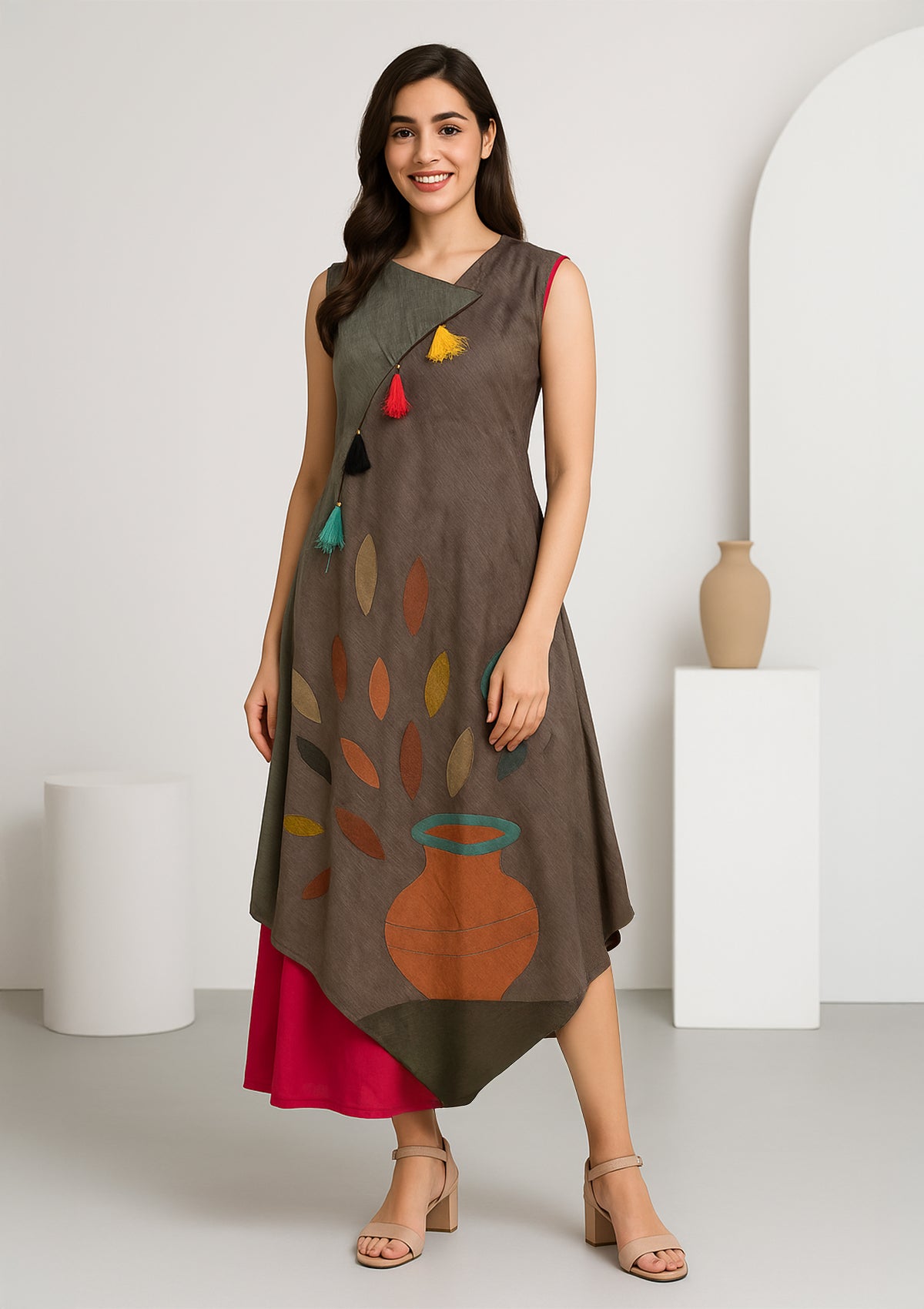 Rayon Chanderi Dual Layered One Piece Gown with Colorful Tassels