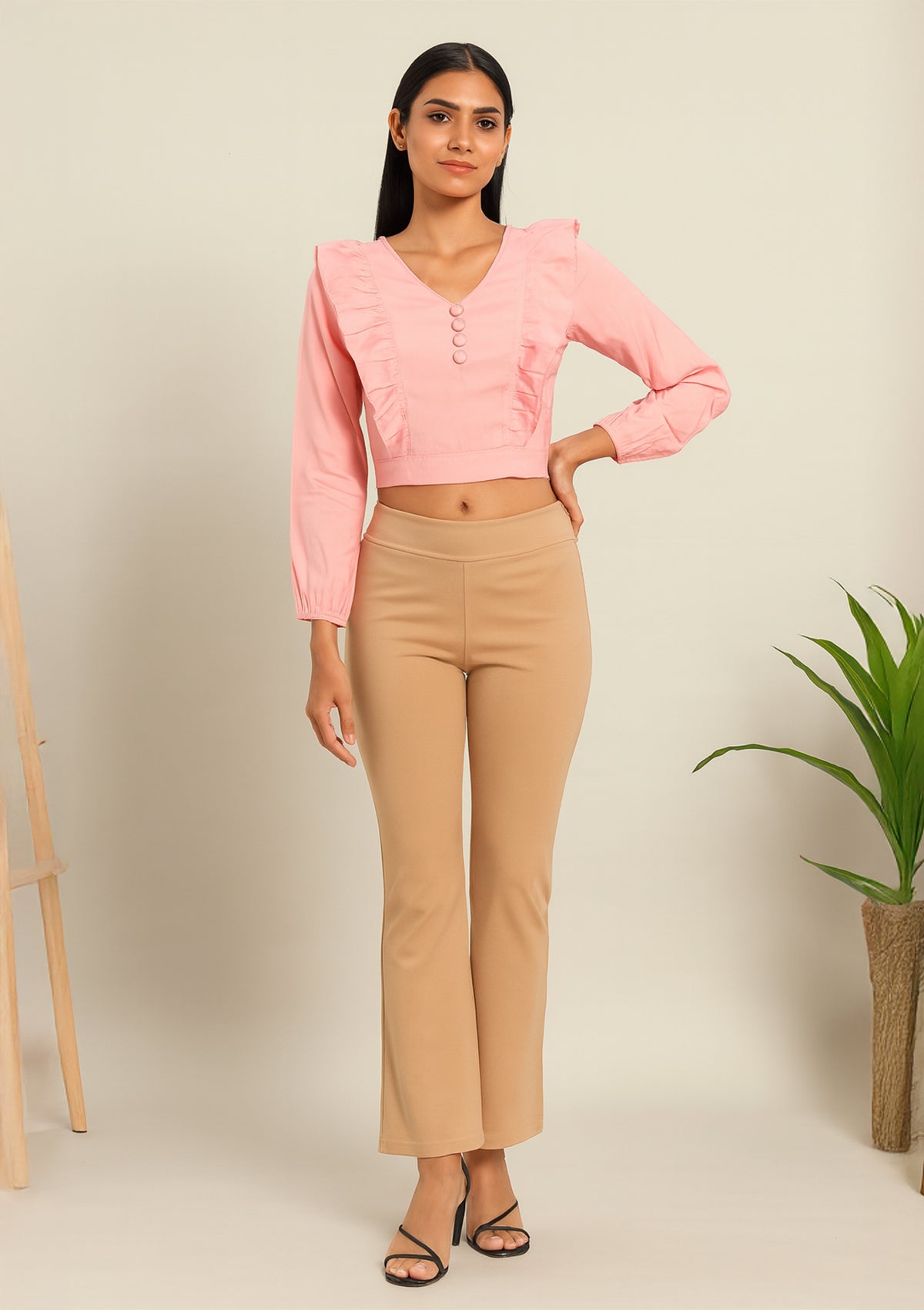 Women’s Peach Pink Ruffle Balloon Sleeve Short Top – V Neck