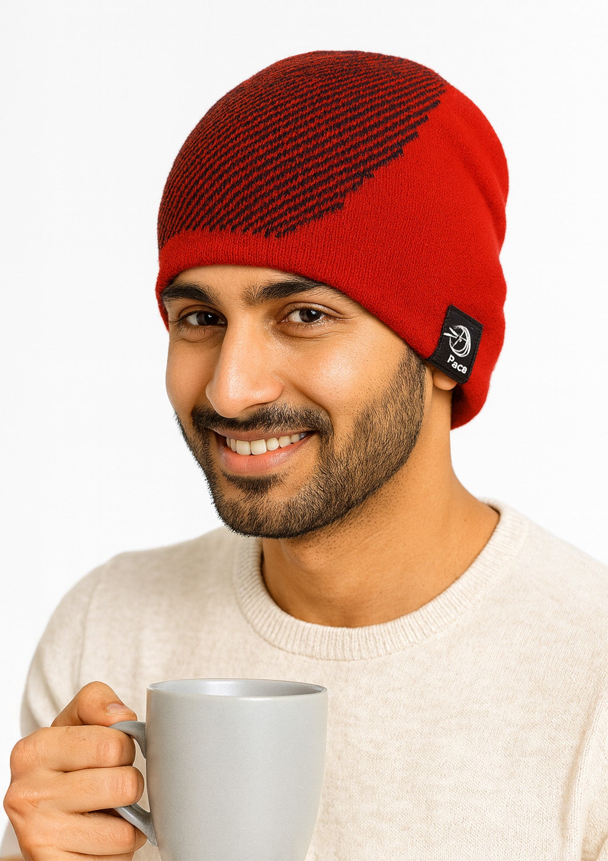 Mens Red and Black Patterned Woolen Beanie Cap – Winter Warm